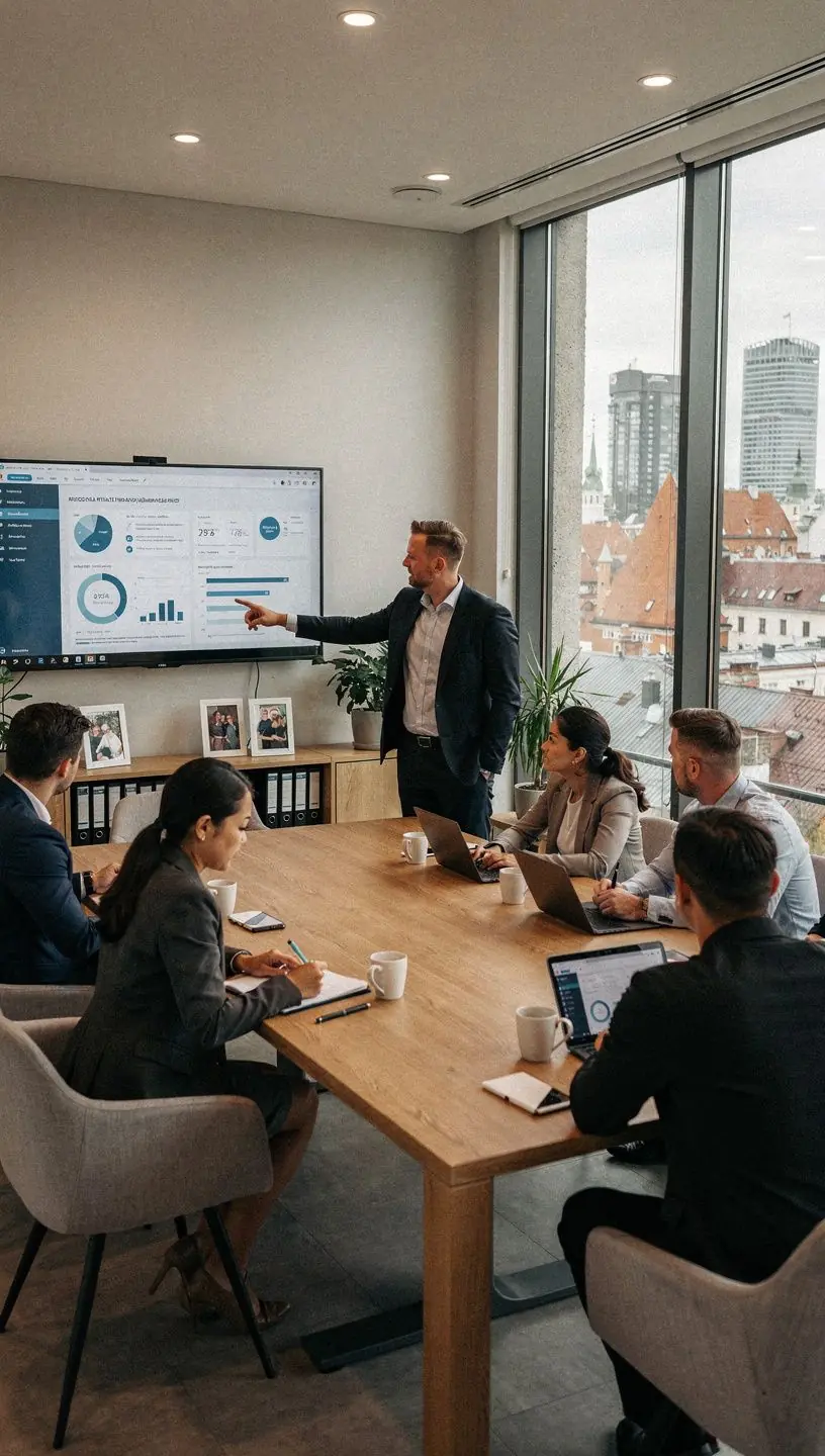 Valgusküllane kontor, kus on palju rohelust ja looduslikke elemente.